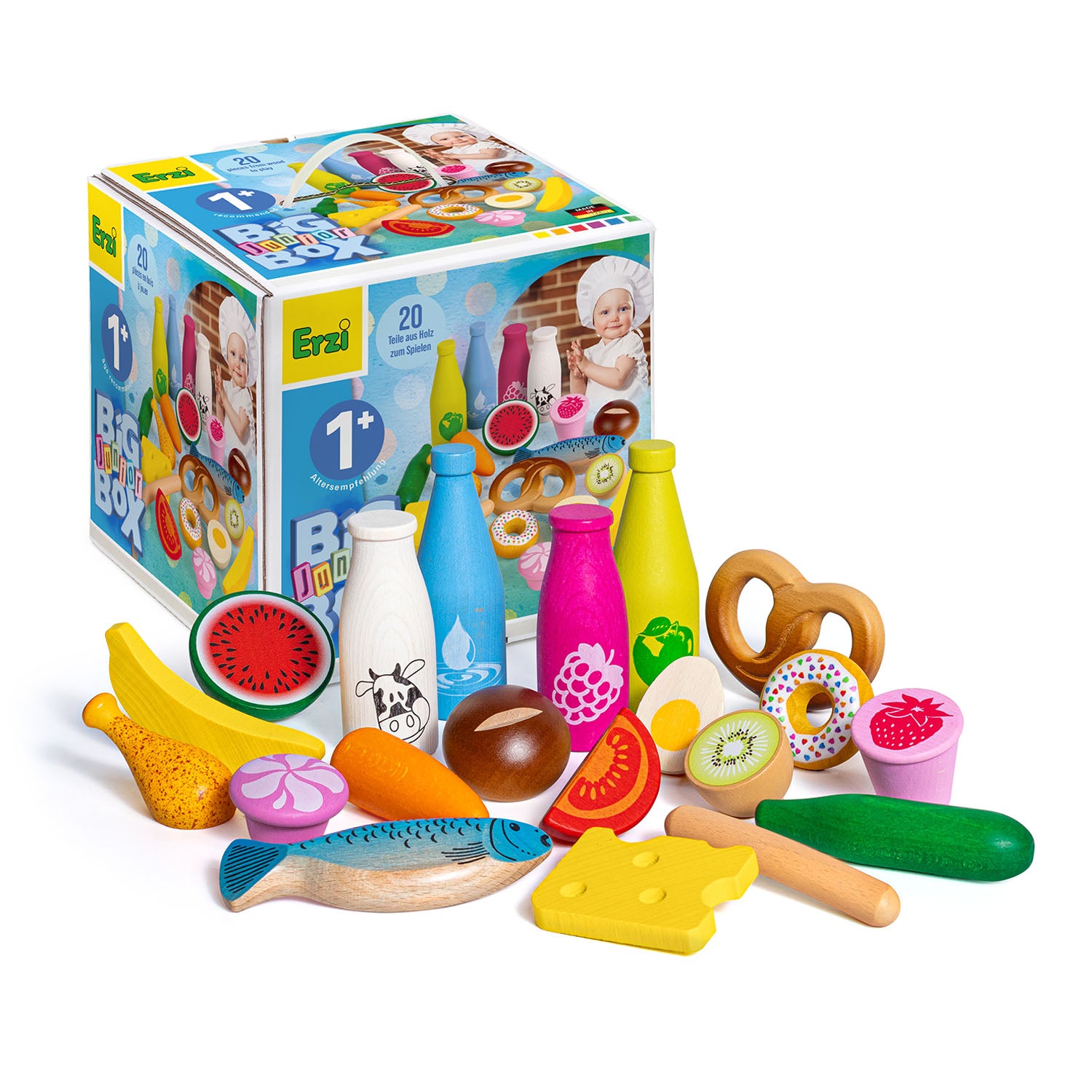 A happy child playing with the Erzi Wooden Play Food Set - Big Box Junior Assortment