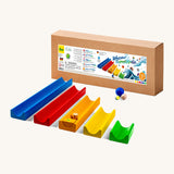 Erzi wooden water and marble run in original cardboard packaging on a cream background.