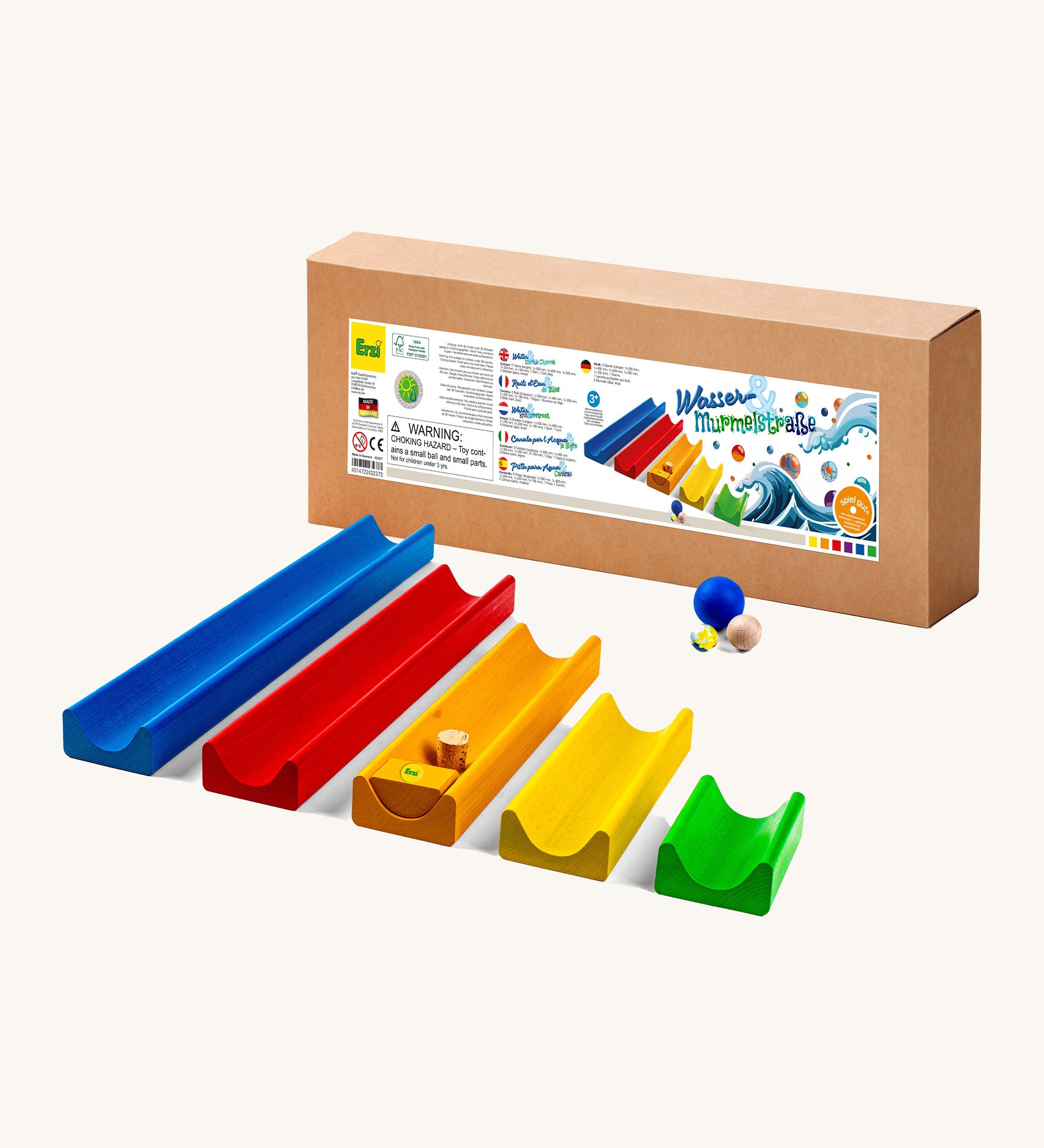 Erzi wooden water and marble run in original cardboard packaging on a cream background.