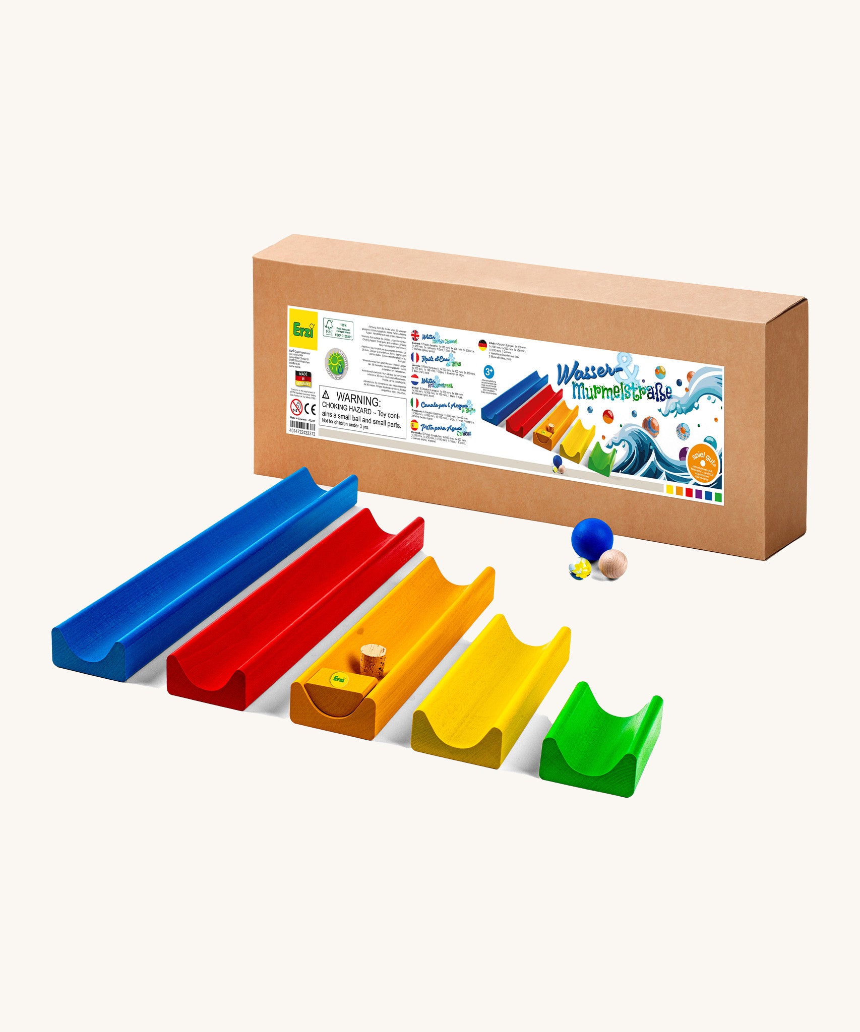 Erzi wooden water and marble run in original cardboard packaging on a cream background.