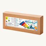 Erzi wooden water and marble run in original cardboard packaging on a cream background.