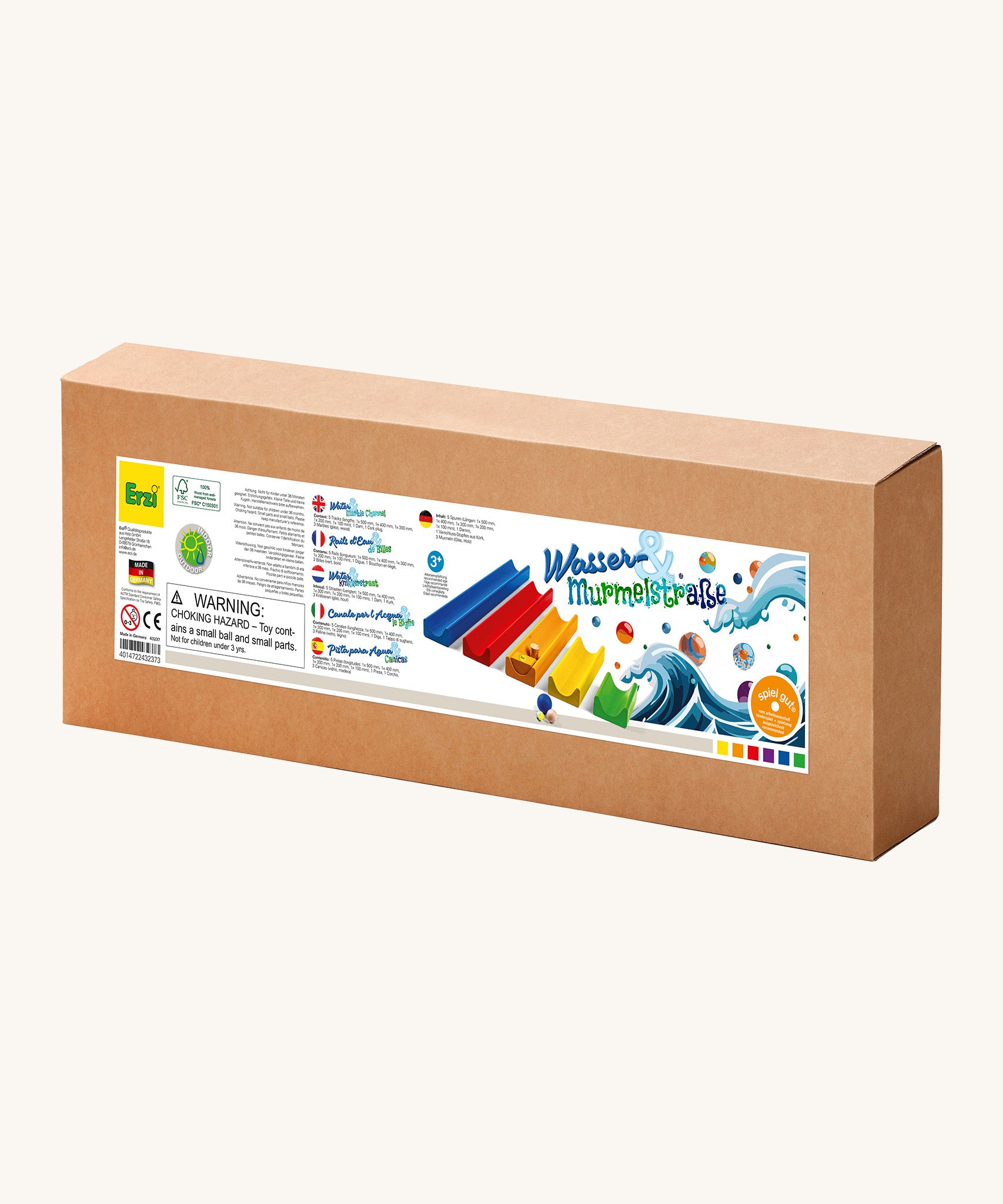 Erzi wooden water and marble run in original cardboard packaging on a cream background.