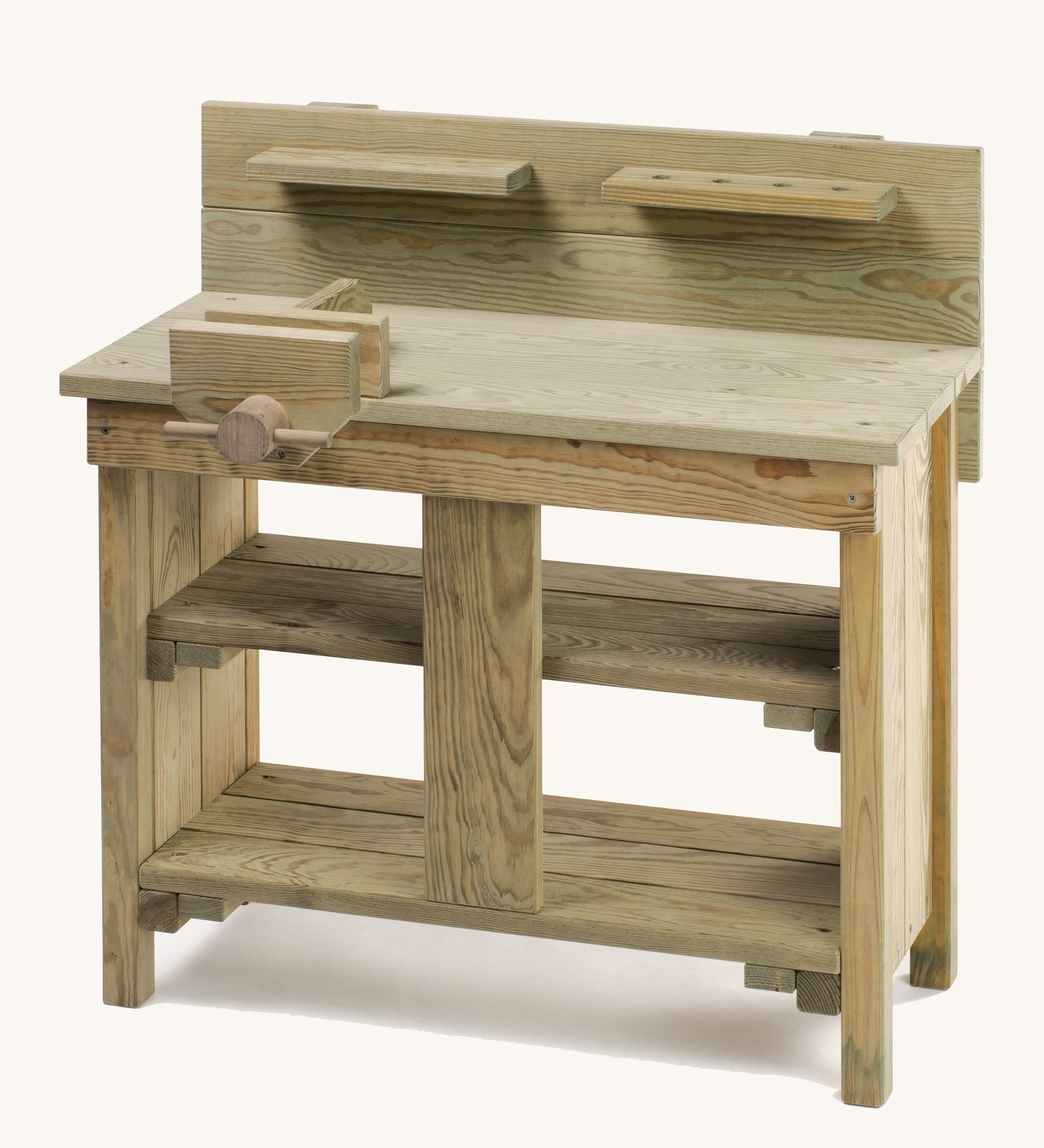 The Erzi wooden outdoor workbench toy, with beautiful wood grain showing through, lots of shelves, and a vice.