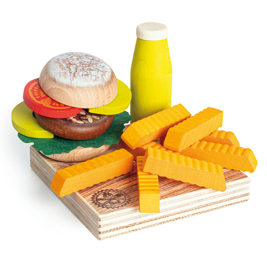 Erzi Veggie Burger Assortment Wooden Play Food Set on a plain background.