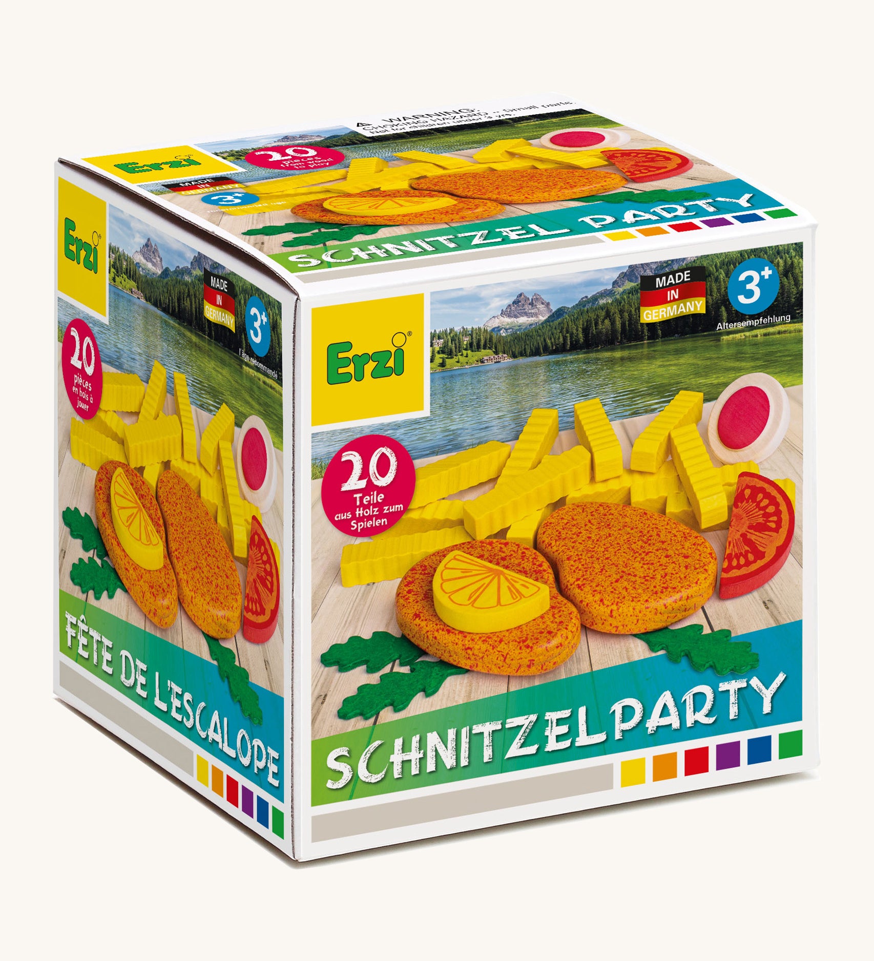 Erzi wooden schnitzel party assortment set in original cardboard packaging on a cream background.