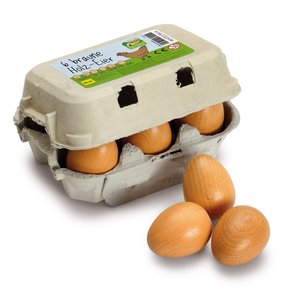 Erzi Six Brown Eggs Wooden Play Food on a plain background