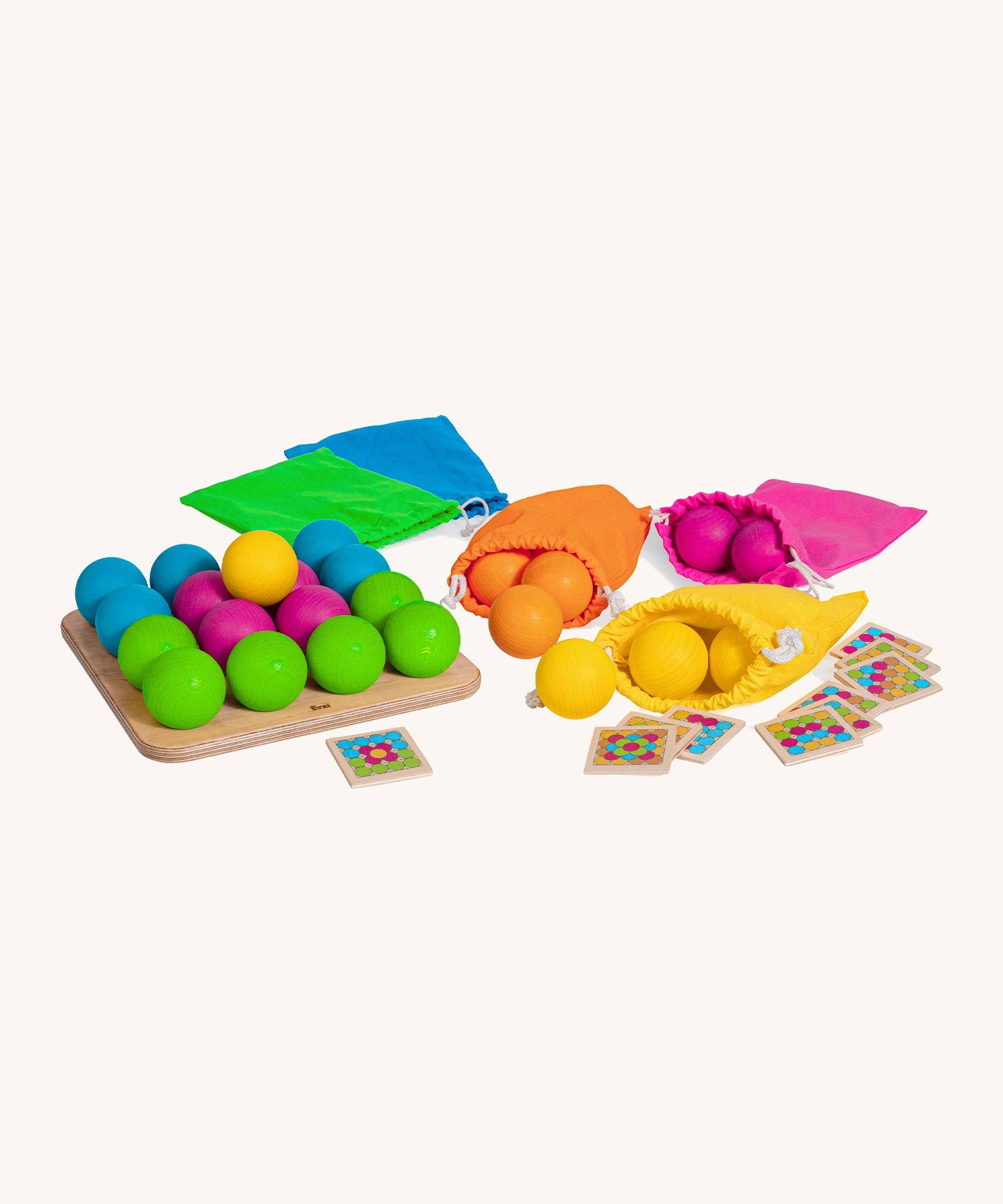 Erzi wooden multicoloured balls stacking game full set on a cream background