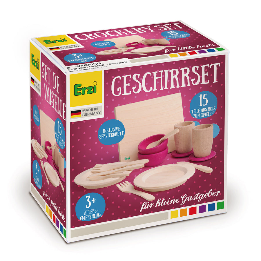 Erzi Wooden Toy Crockery Set packaging on a plain background.