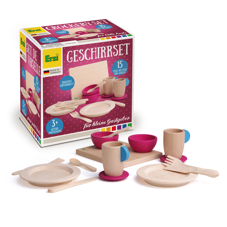 Erzi Wooden Toy Crockery Set with the box on a plain background.