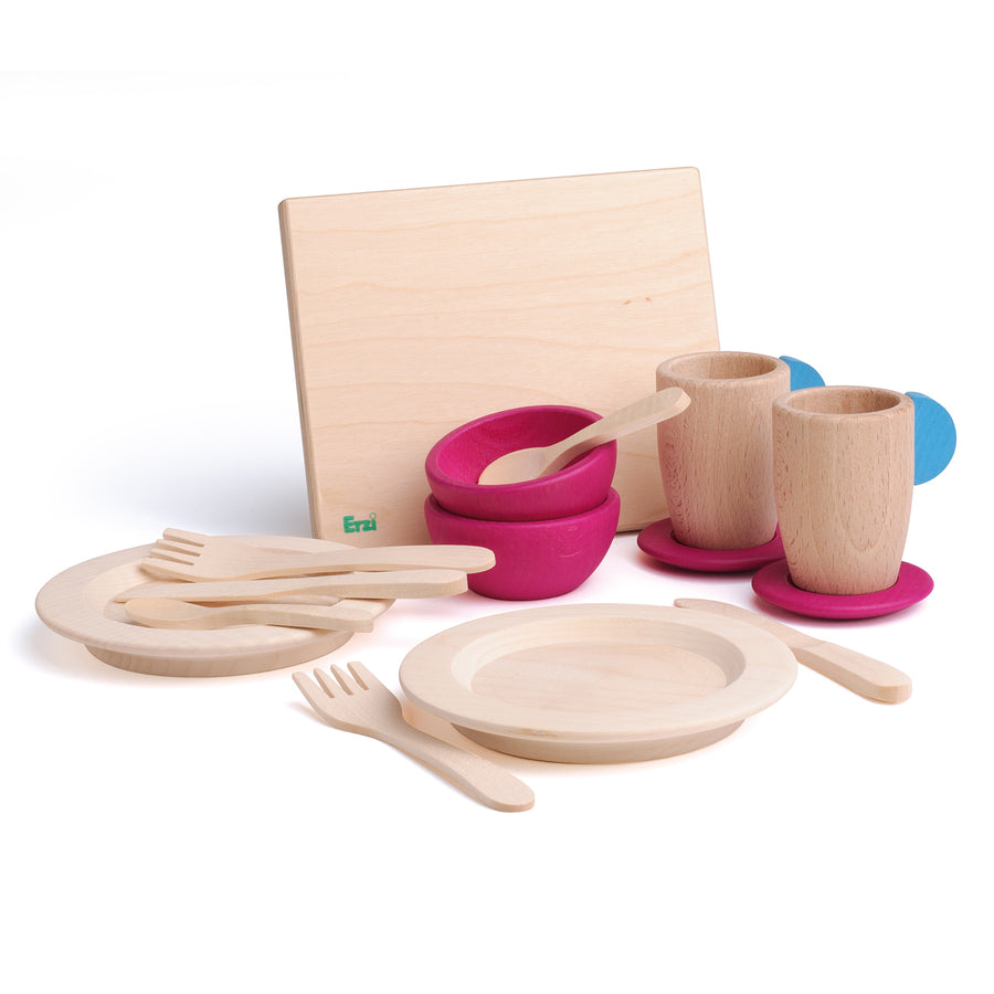 Erzi Wooden Toy Crockery Set on a plain background.