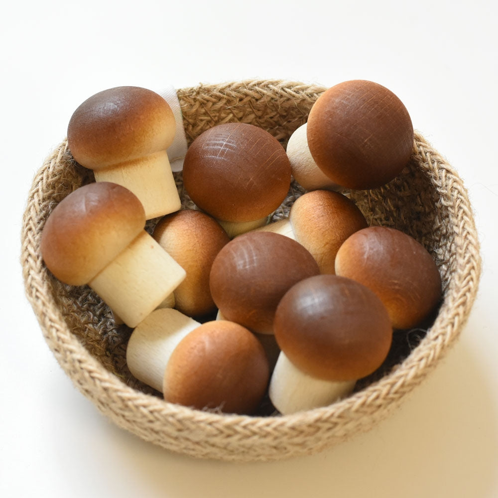 Erzi Mushroom Wooden Play Food in a natural woven Respiin basket