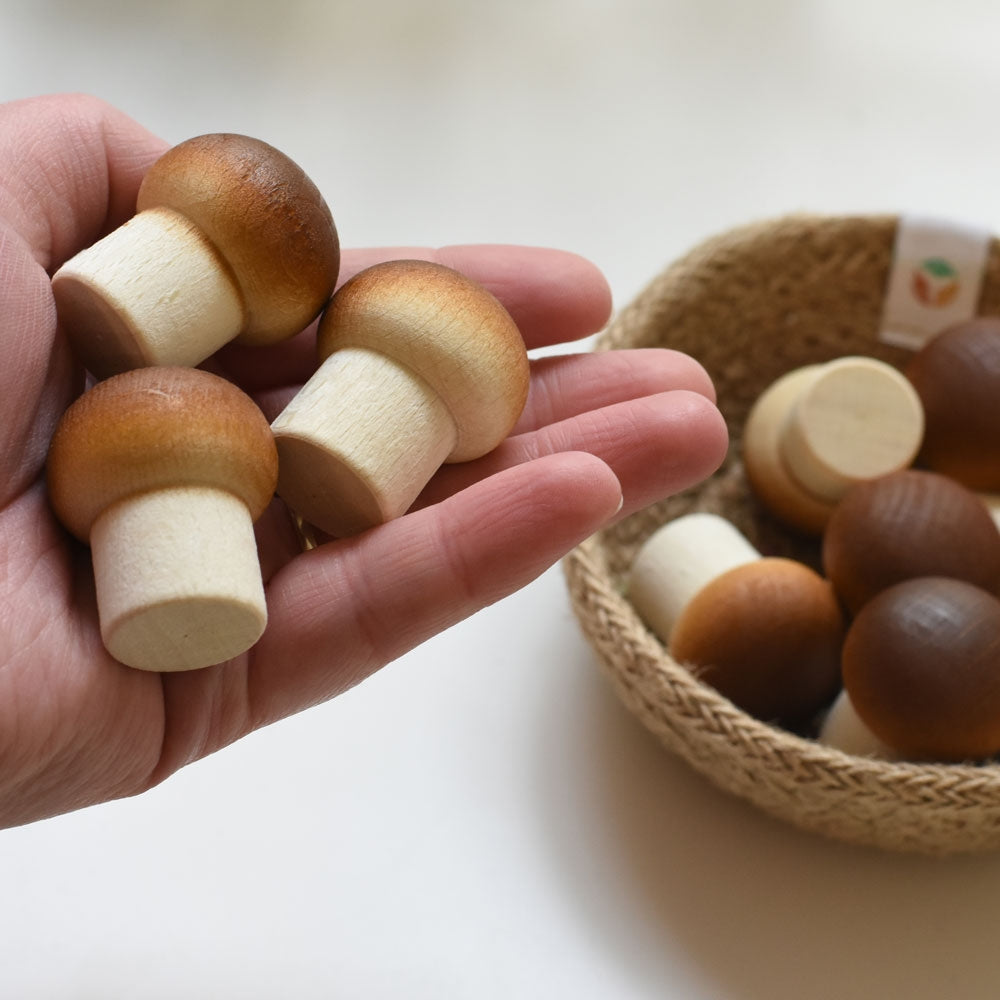 Hand holding 3 Erzi Mushroom Wooden Play Food with a natural woven basket filled with wooden mushrooms in the background.