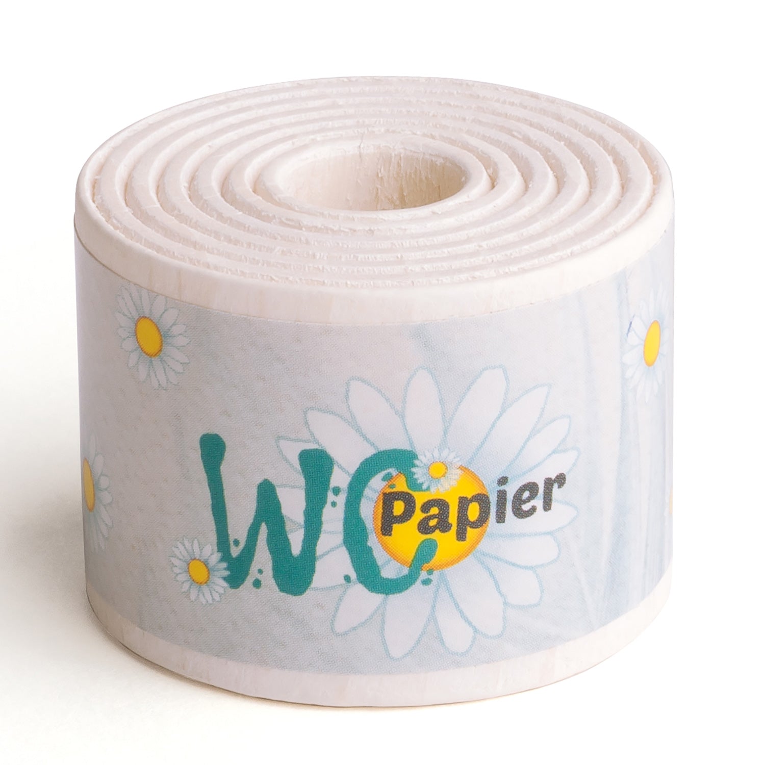 Erzi wooden toy toilet paper pictured on a plain background 