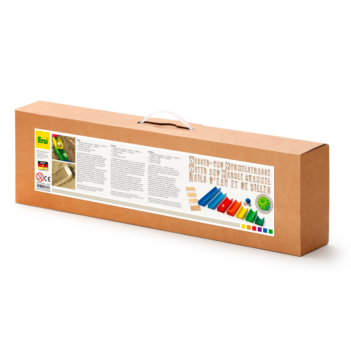 Cardboard packaging for the Erzi plastic-free water and marble run set on a white background