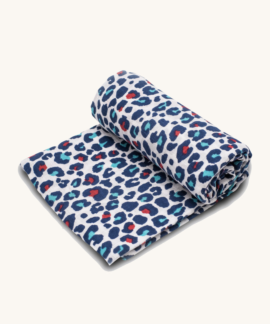 Etta Loves Extra Large Organic Cotton Baby Muslin Square - Blue Leopard on a cream background