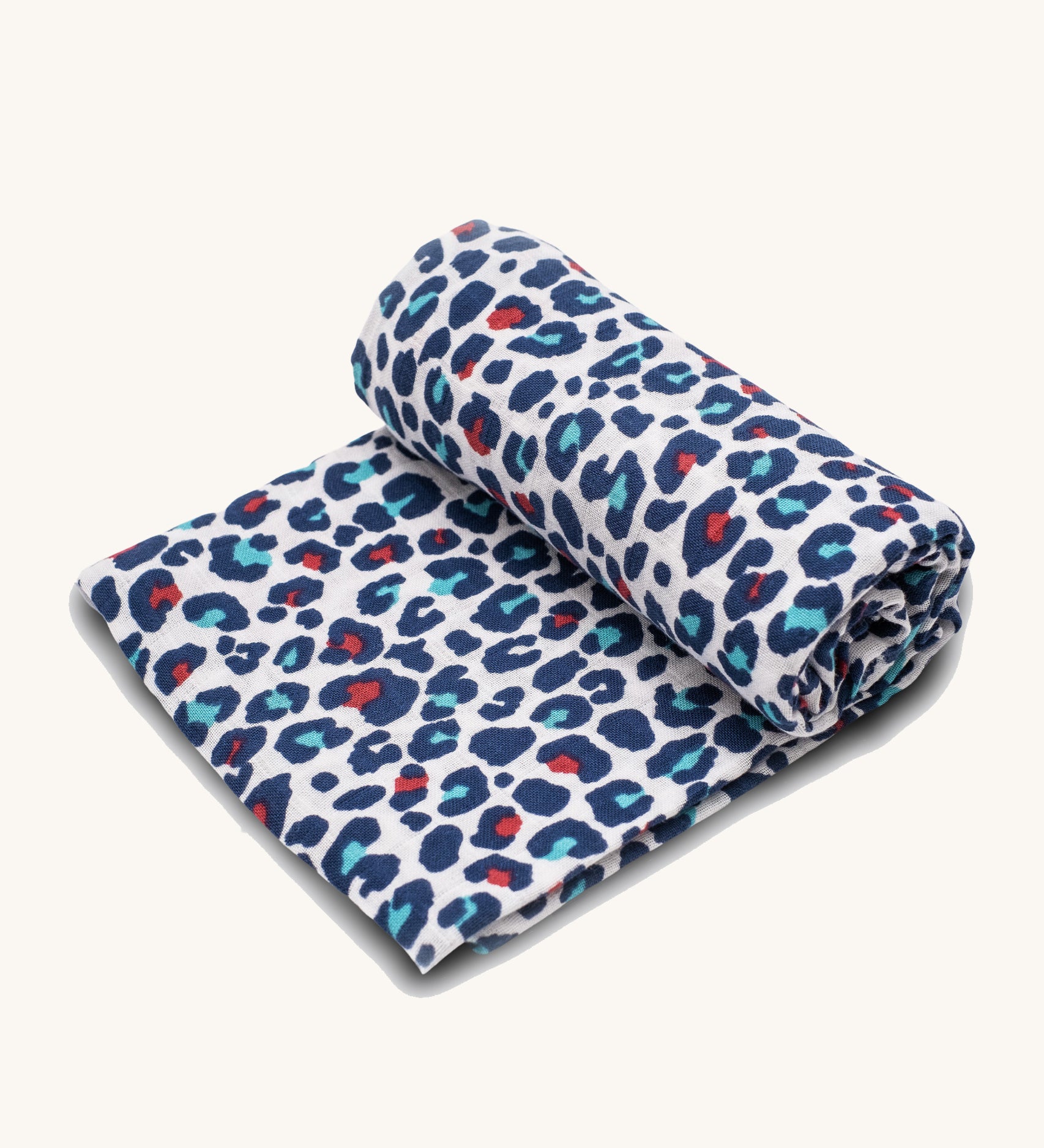 Etta Loves Extra Large Organic Cotton Baby Muslin Square - Blue Leopard on a cream background