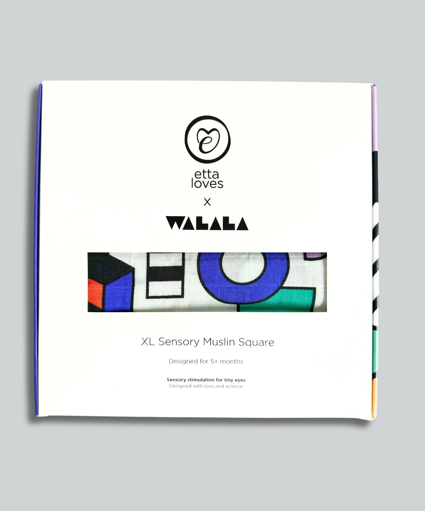 A Etta Loves x Camille Walala XL Muslin Square in shapes design in it's box. 