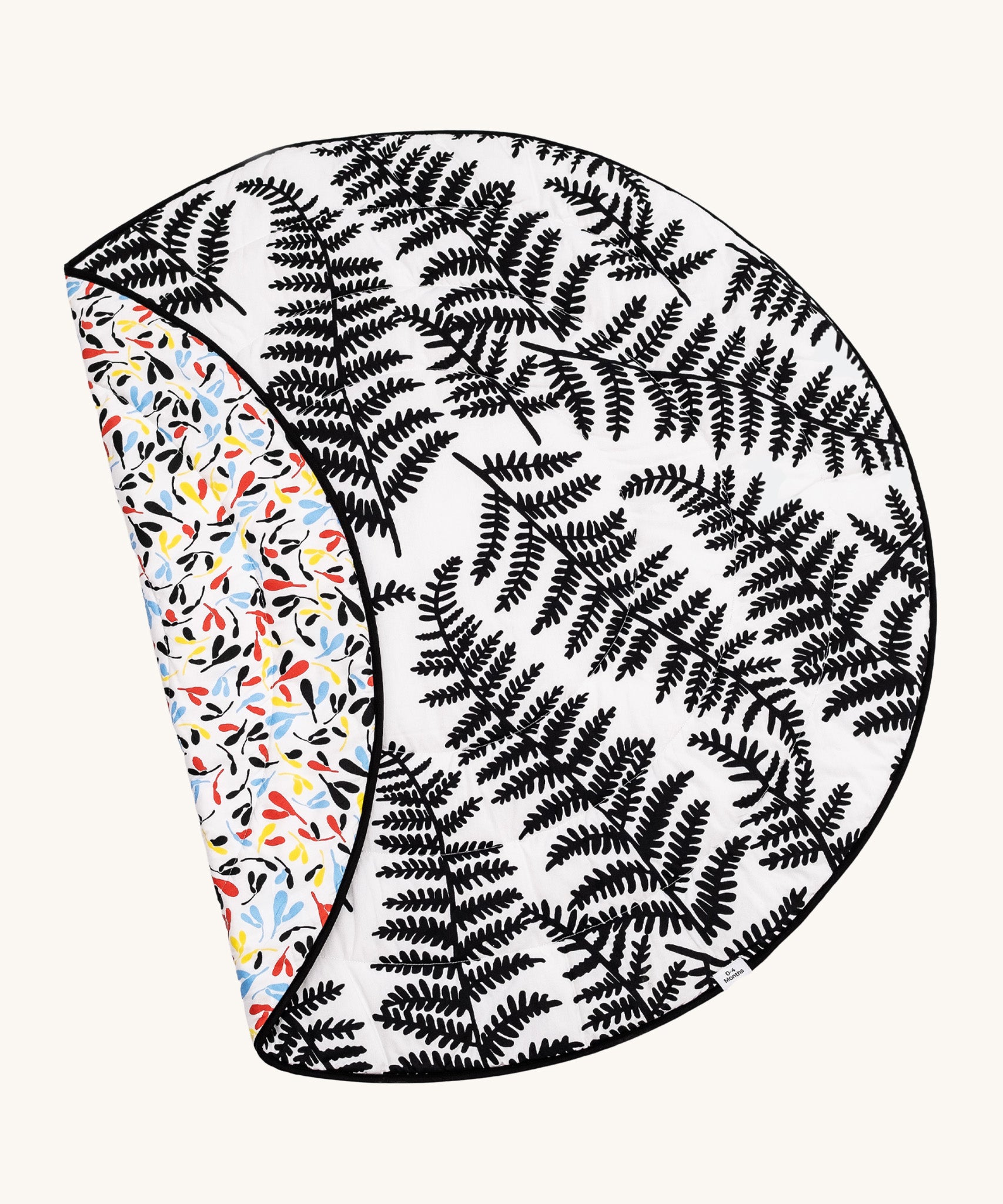 Etta Loves Reversible Organic Cotton Baby Play Mat - Plant Print with black and white Ferns on one side, and colourful Sycamore seeds print on the other