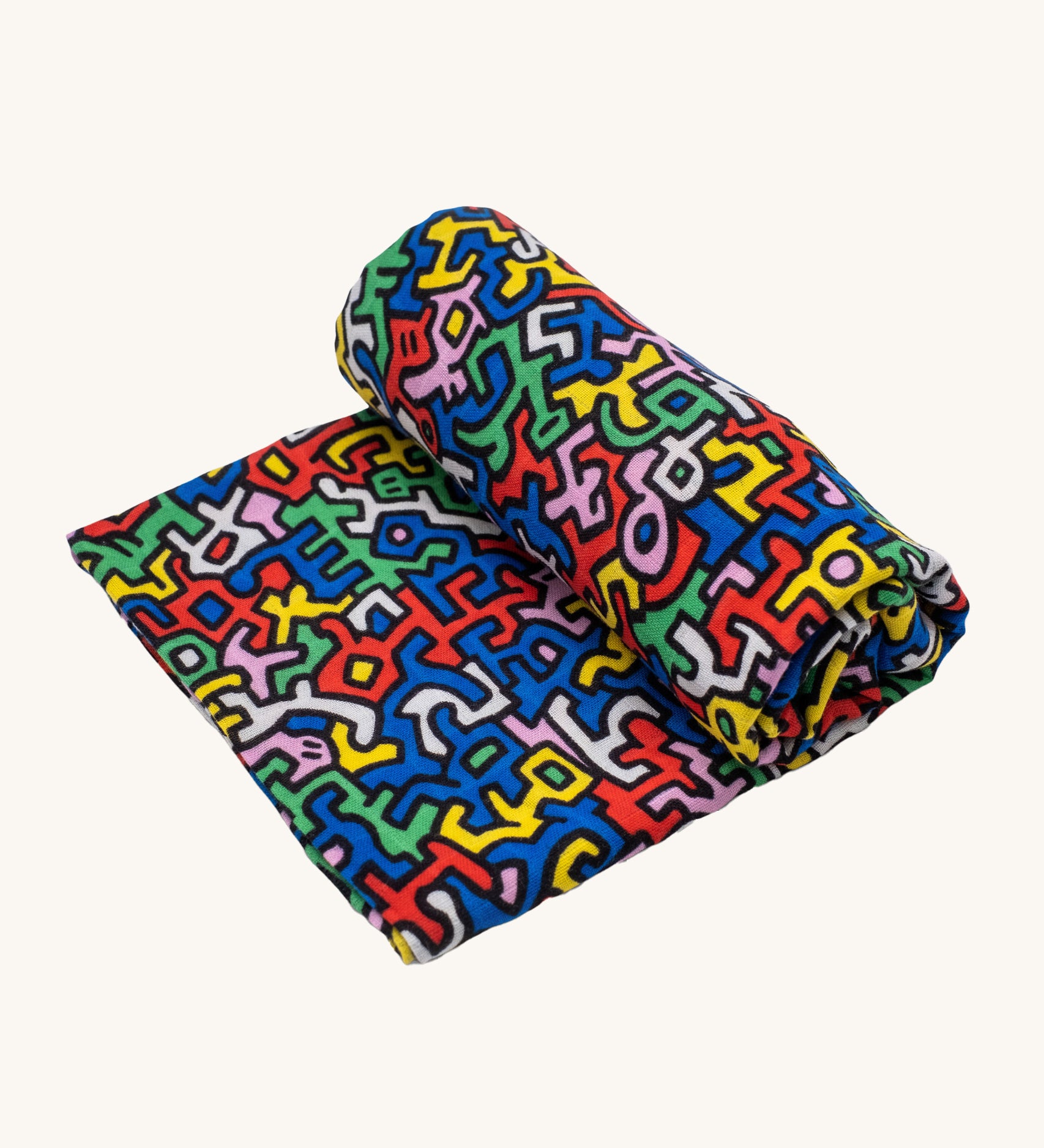 Etta Loves X Keith Haring Extra Large Organic Cotton Baby Muslin Square - Brazil, with strong, colourful shaped print 