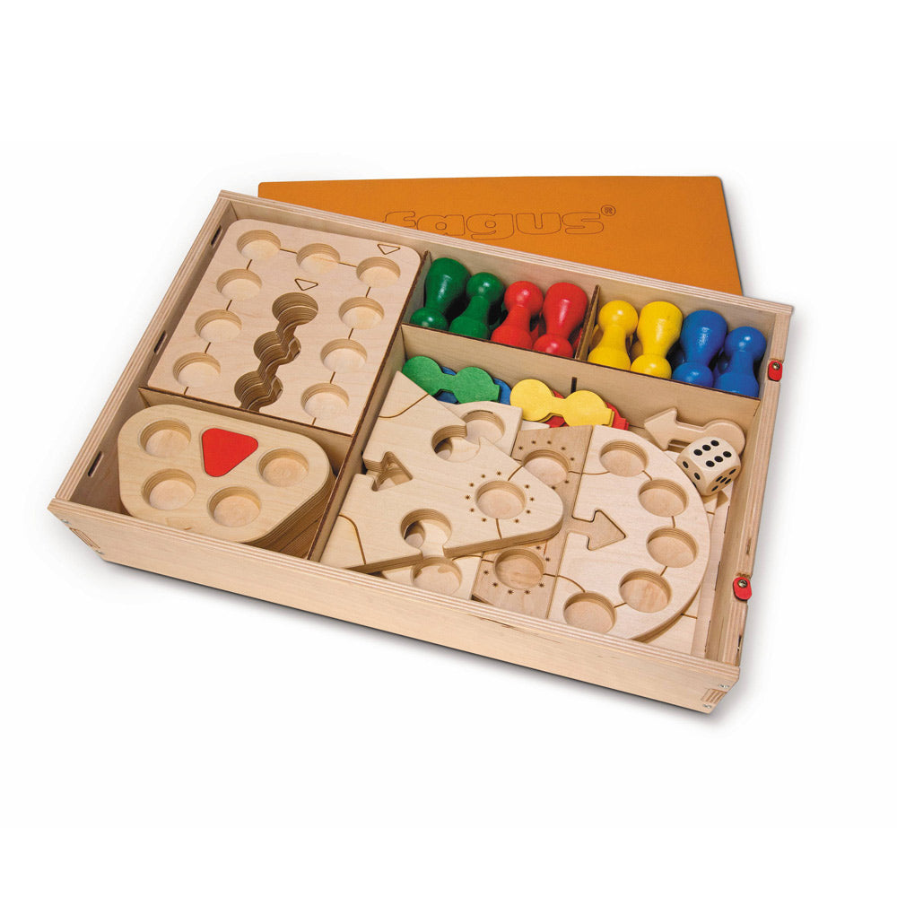 Fagus eco-friendly wooden 40-piece board game packed up in its box on a white background