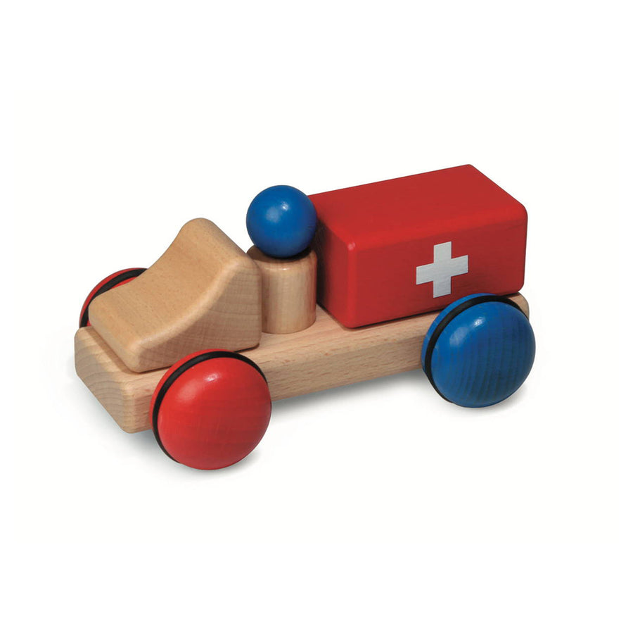 Fagus hand crafted wooden ambulance vehicle toy on a white background