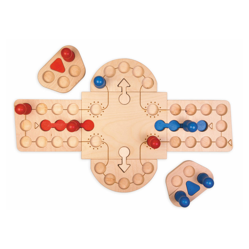 Fagus handmade wooden board game set up for two players on a white background