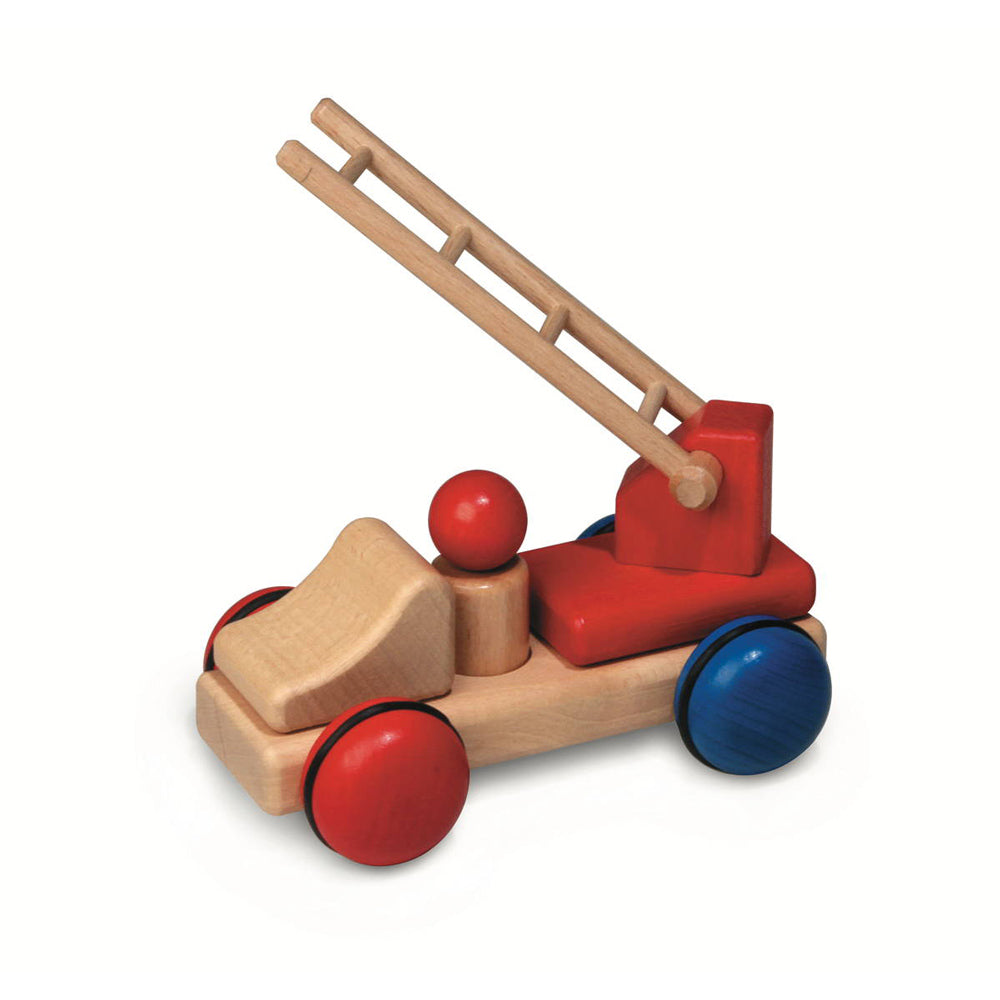 Fagus eco-friendly mini wooden fire truck vehicle toy on a white background with its ladder up