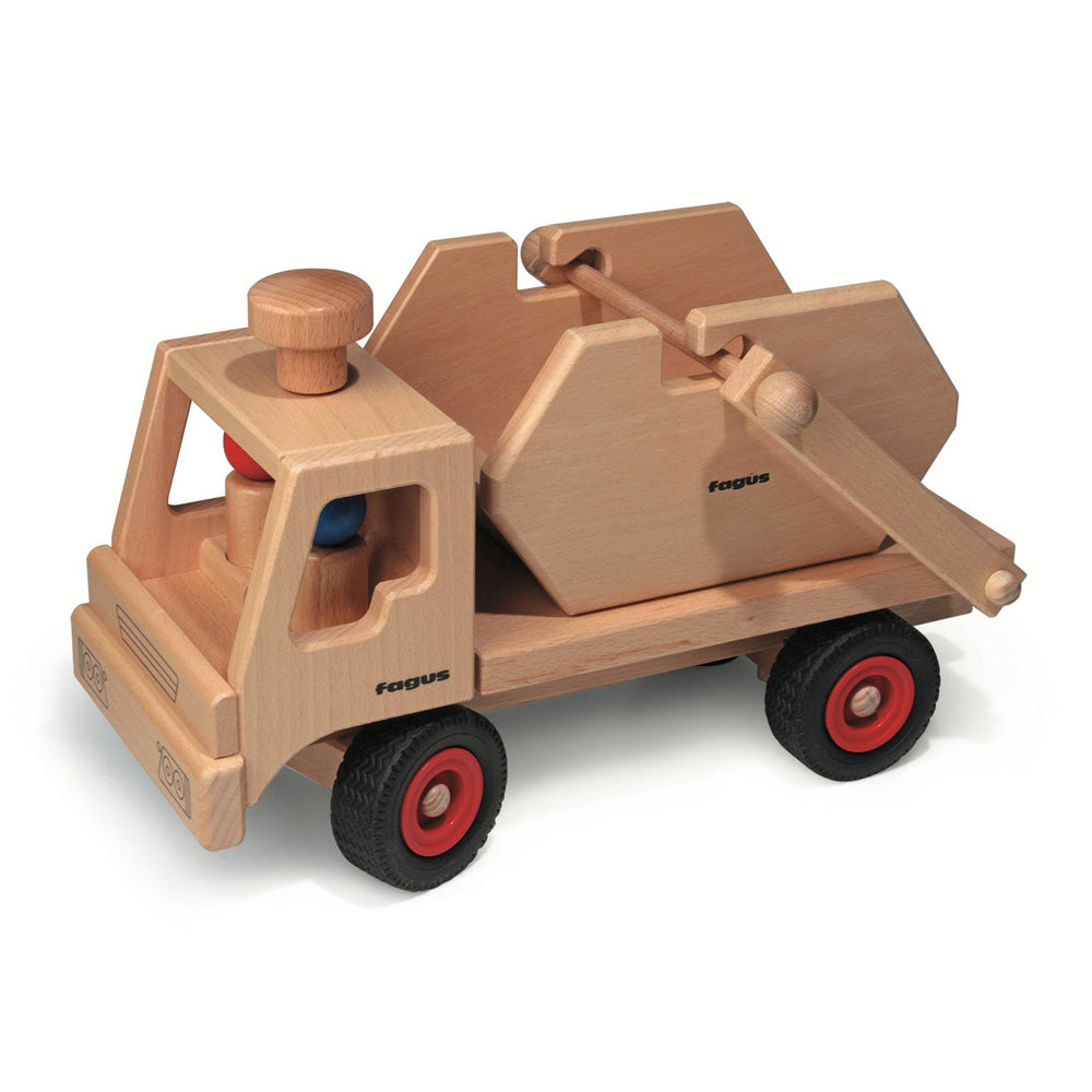 Fagus handmade german wooden skip truck on a white background