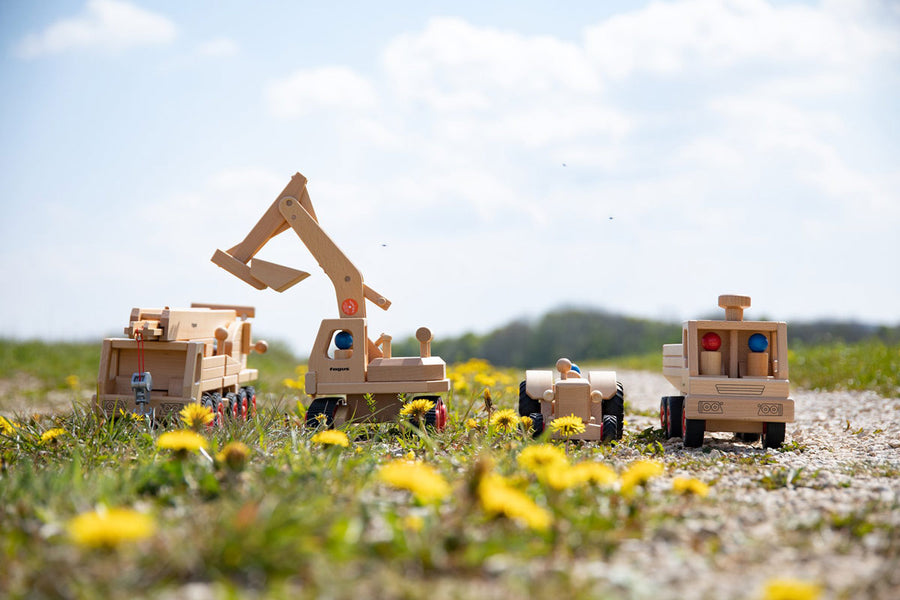 Fagus eco-friendly wooden vehicle toys lined up on a grassy dandelion field