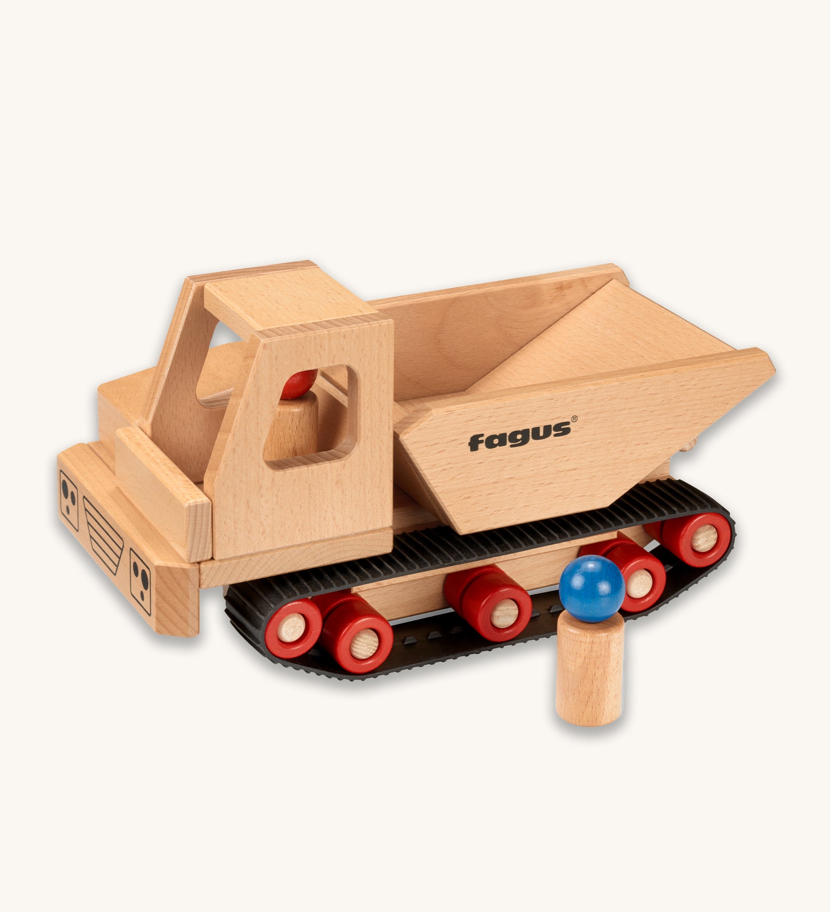 Fagus Wooden Caterpillar Dumper Truck, with two wooden peg figures. One is inside the truck, and the other is outside