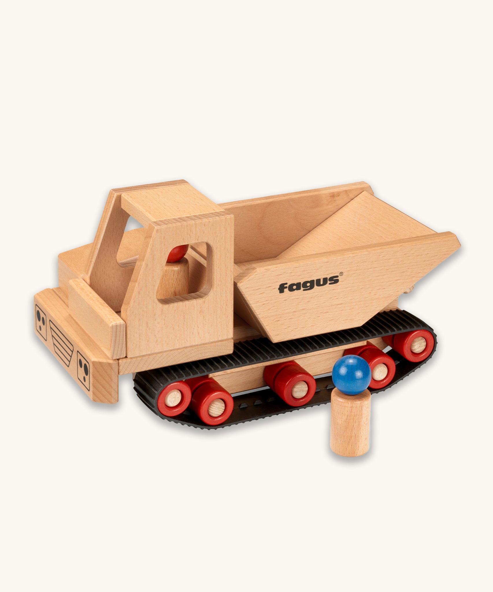 Fagus Wooden Caterpillar Dumper Truck, with two wooden peg figures. One is inside the truck, and the other is outside