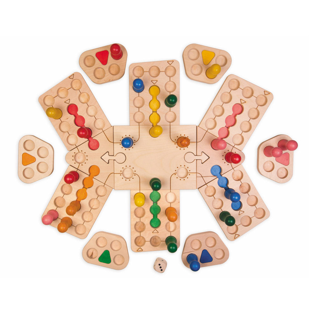 Fagus eco-friendly wooden enchanted playground board game set up for 6 players on a white background