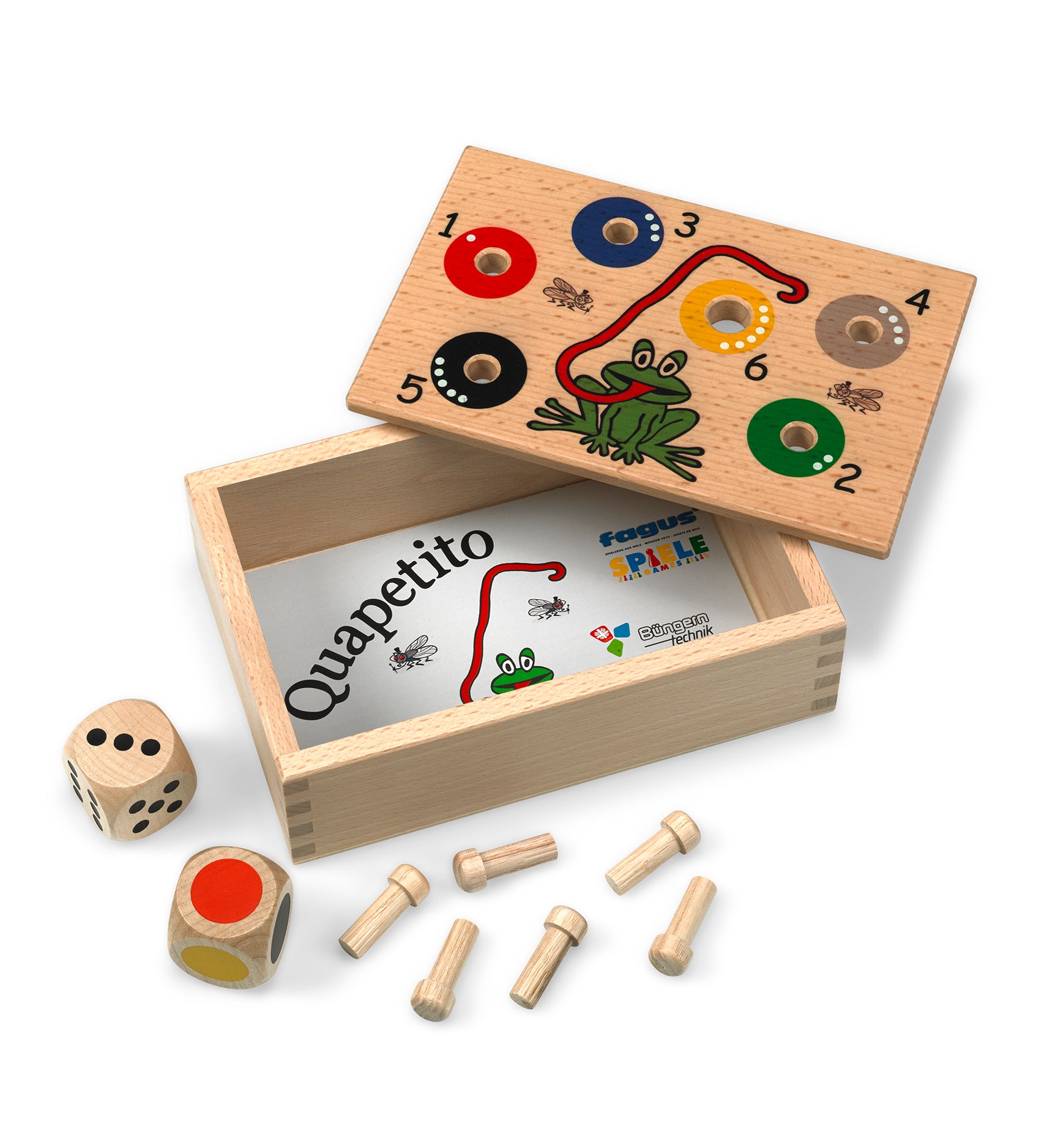  pegs and colourful illustration on the front of the game/storage box