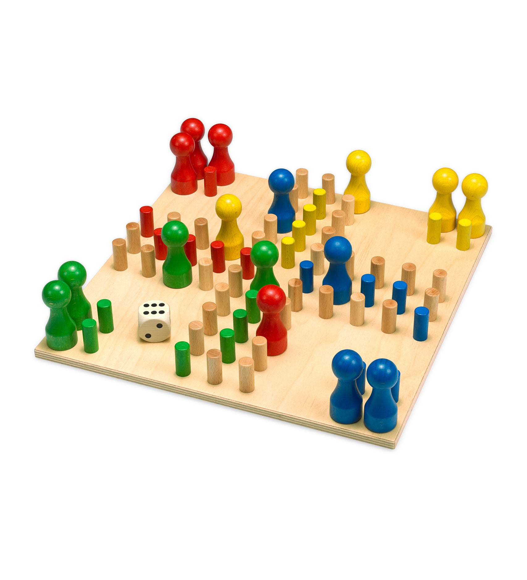  dice and colourful pegs on the board