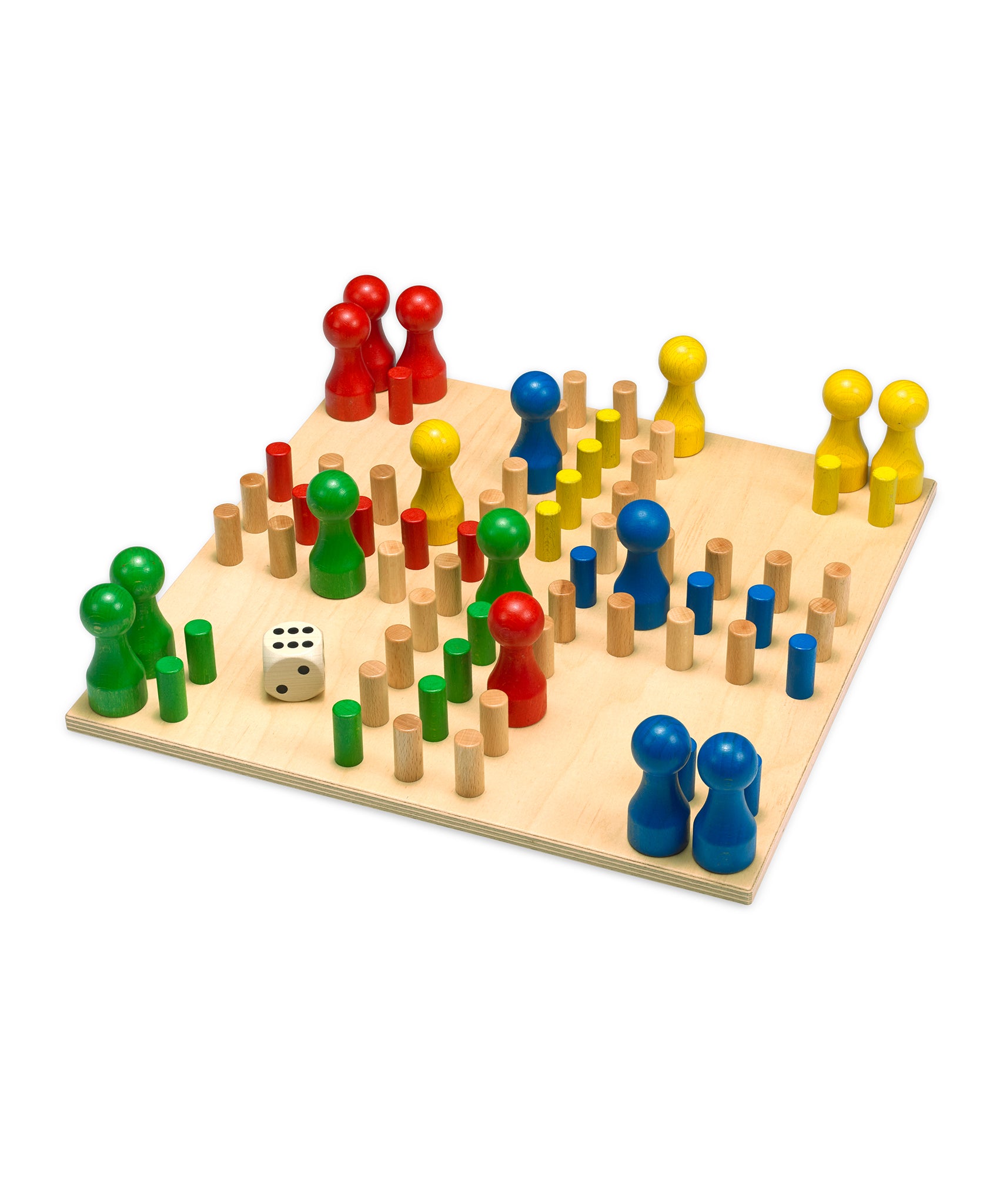  dice and colourful pegs on the board