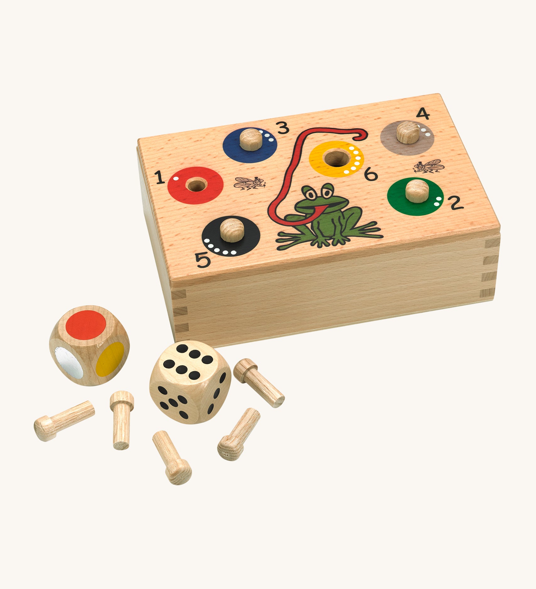 Fagus Handmade Wooden Quapetito Game. The image shows the dice, pegs and colourful illustration on the front of the game/storage box