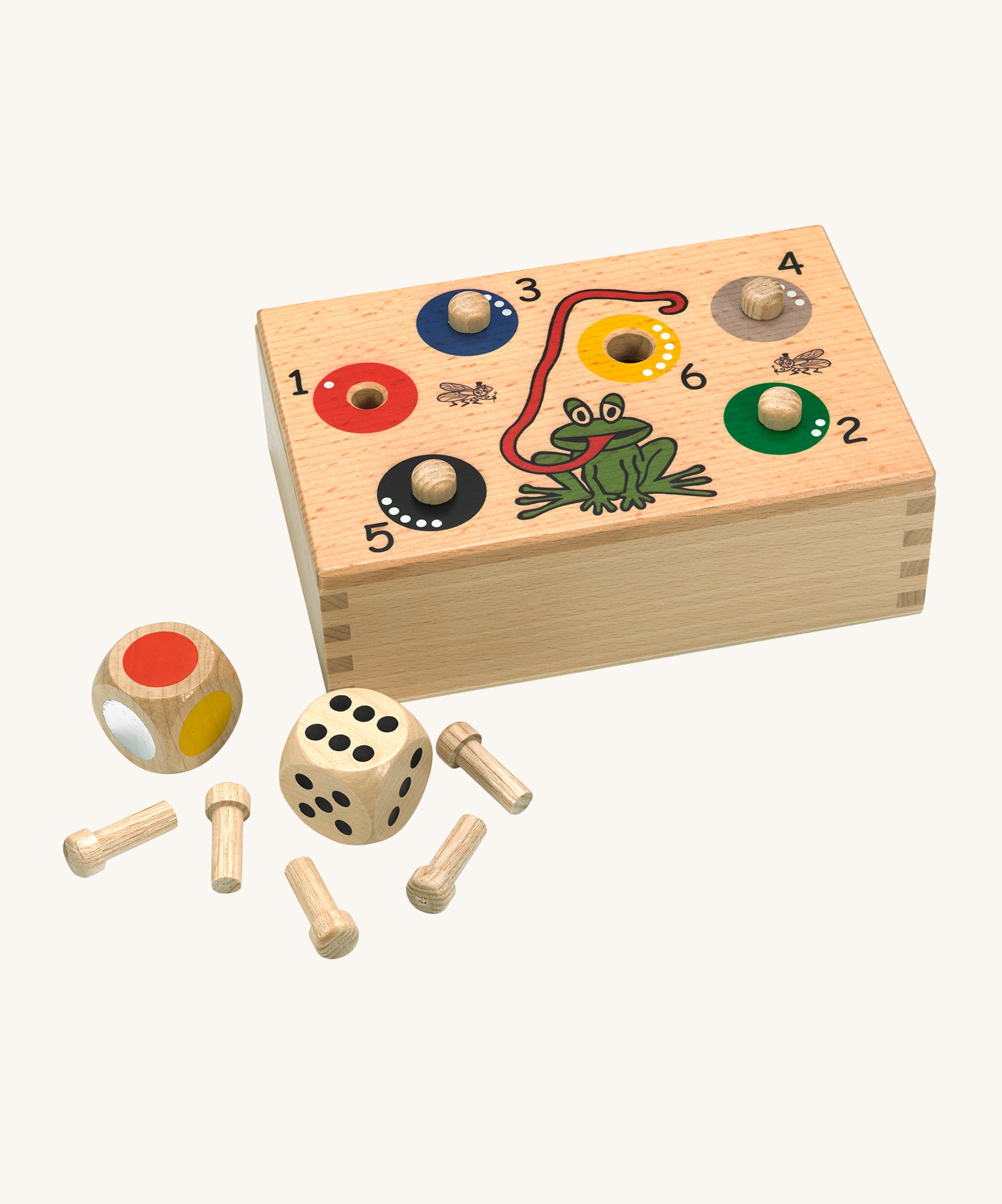 Fagus Handmade Wooden Quapetito Game. The image shows the dice, pegs and colourful illustration on the front of the game/storage box