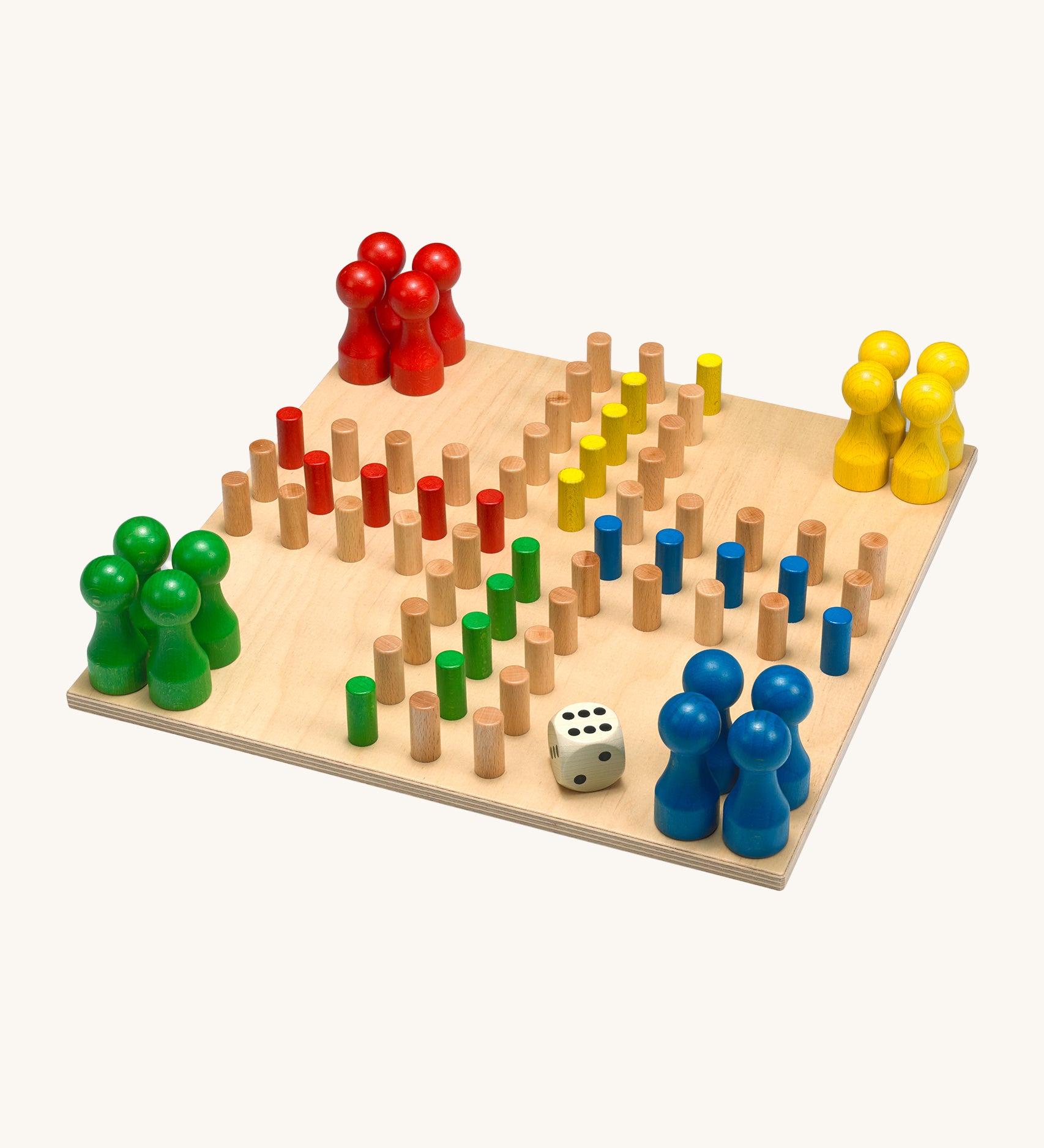 Fagus Handmade Wooden The Path Is The Game. The images shows the wooden peg counters, dice and colourful pegs on the board