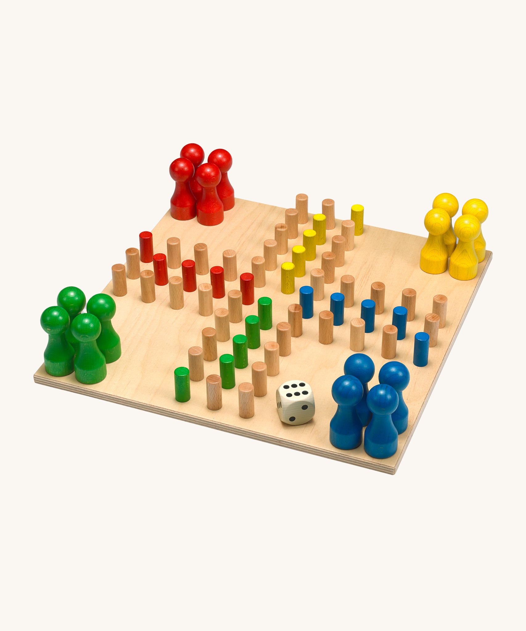 Fagus Handmade Wooden The Path Is The Game. The images shows the wooden peg counters, dice and colourful pegs on the board