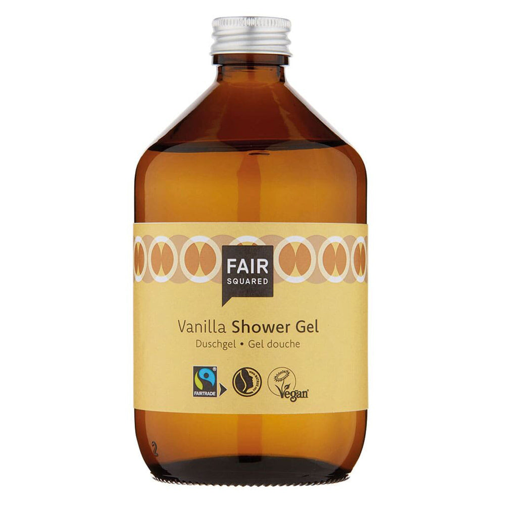 Fair Squared eco-friendly Fairtrade 500ml vanilla shower gel on a white background