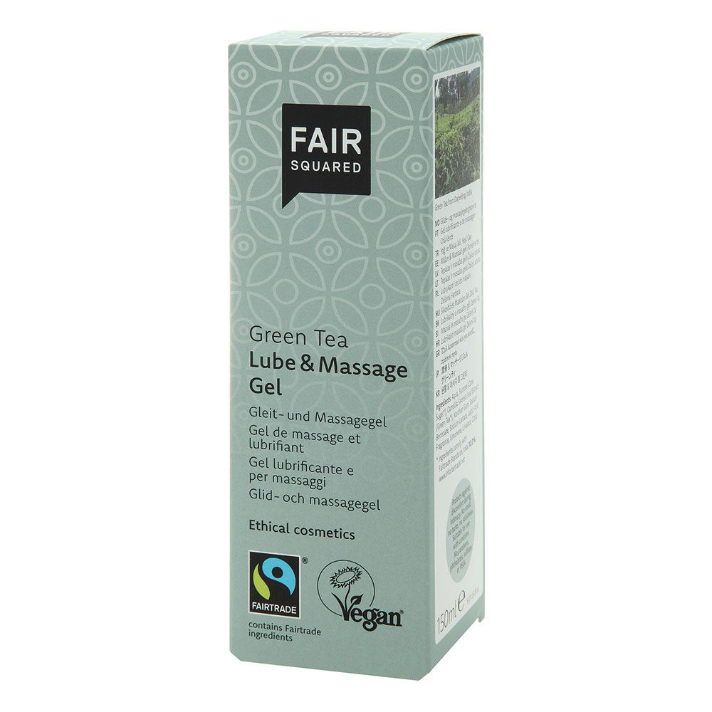 Fair Squared natural tea tree, Vegan lube and massage gel in its green box on a white background