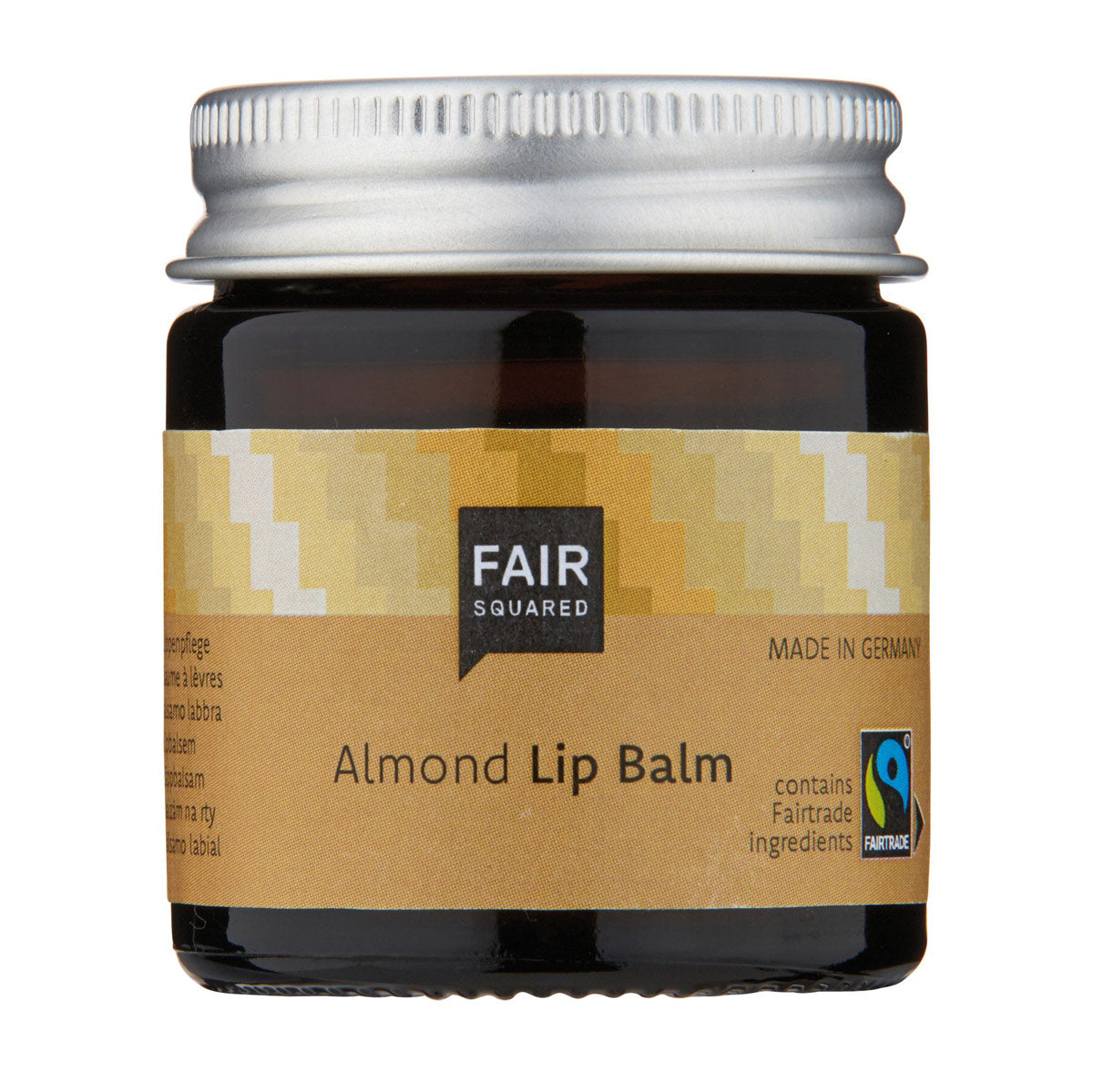 Fair Squared zero waste almond lip balm jar on a white background