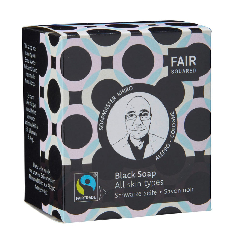 Fair Squared zero waste black facial soap on a white background