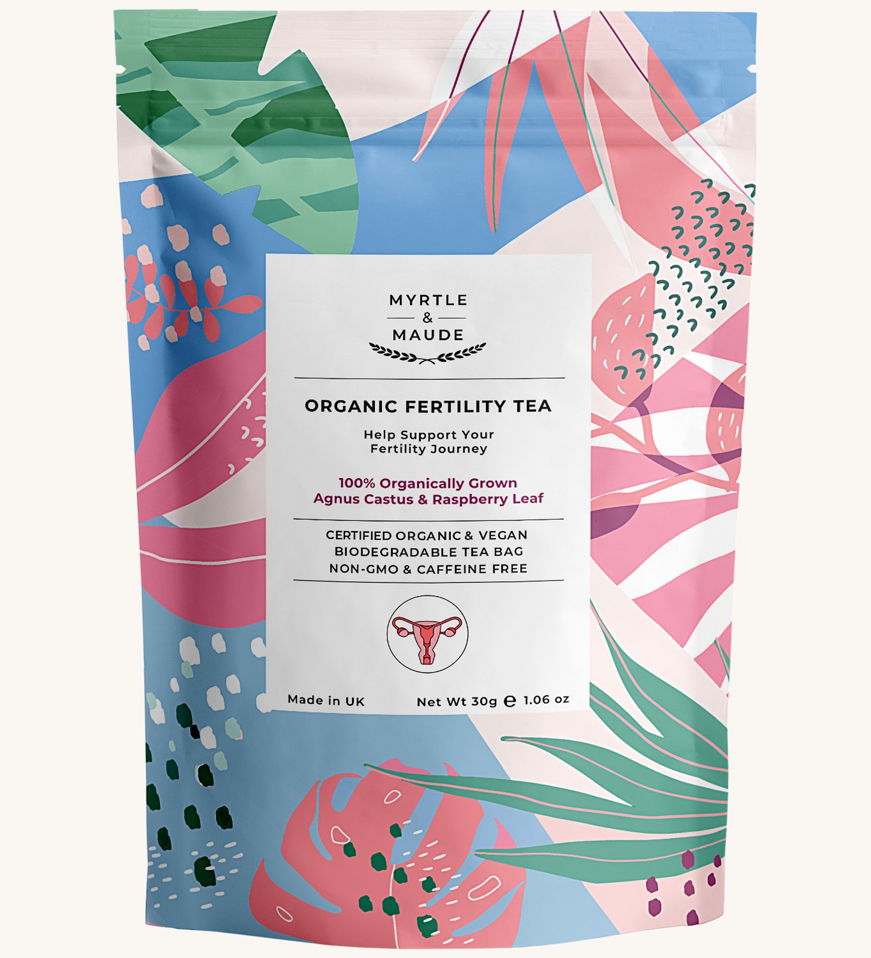 Multicolour leaves fertility tea pouch on a cream background.