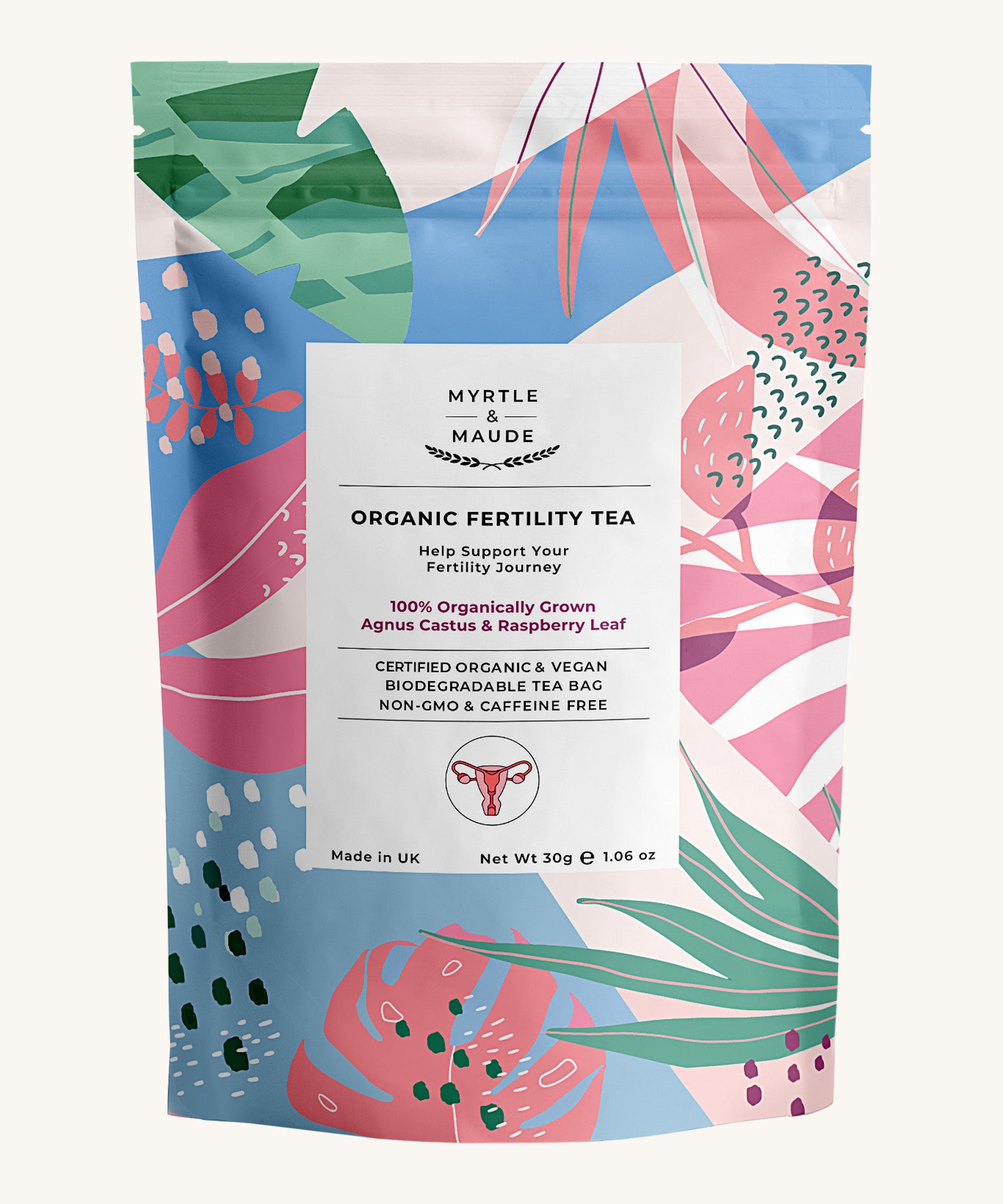 Multicolour leaves fertility tea pouch on a cream background.