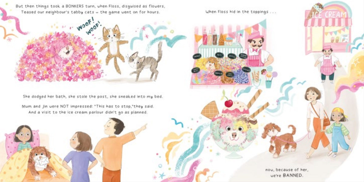 Open pages of the Finding Floss childrens book by Cara Matheson on a white background