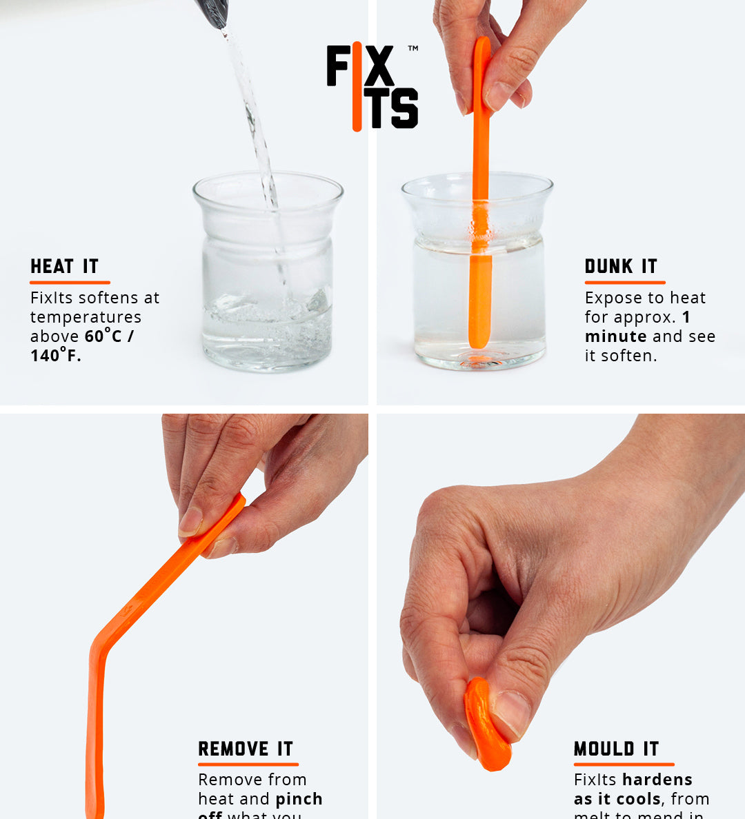 Infographic showing how to mould the FixIts plastic DIY repair strips and fix broken items