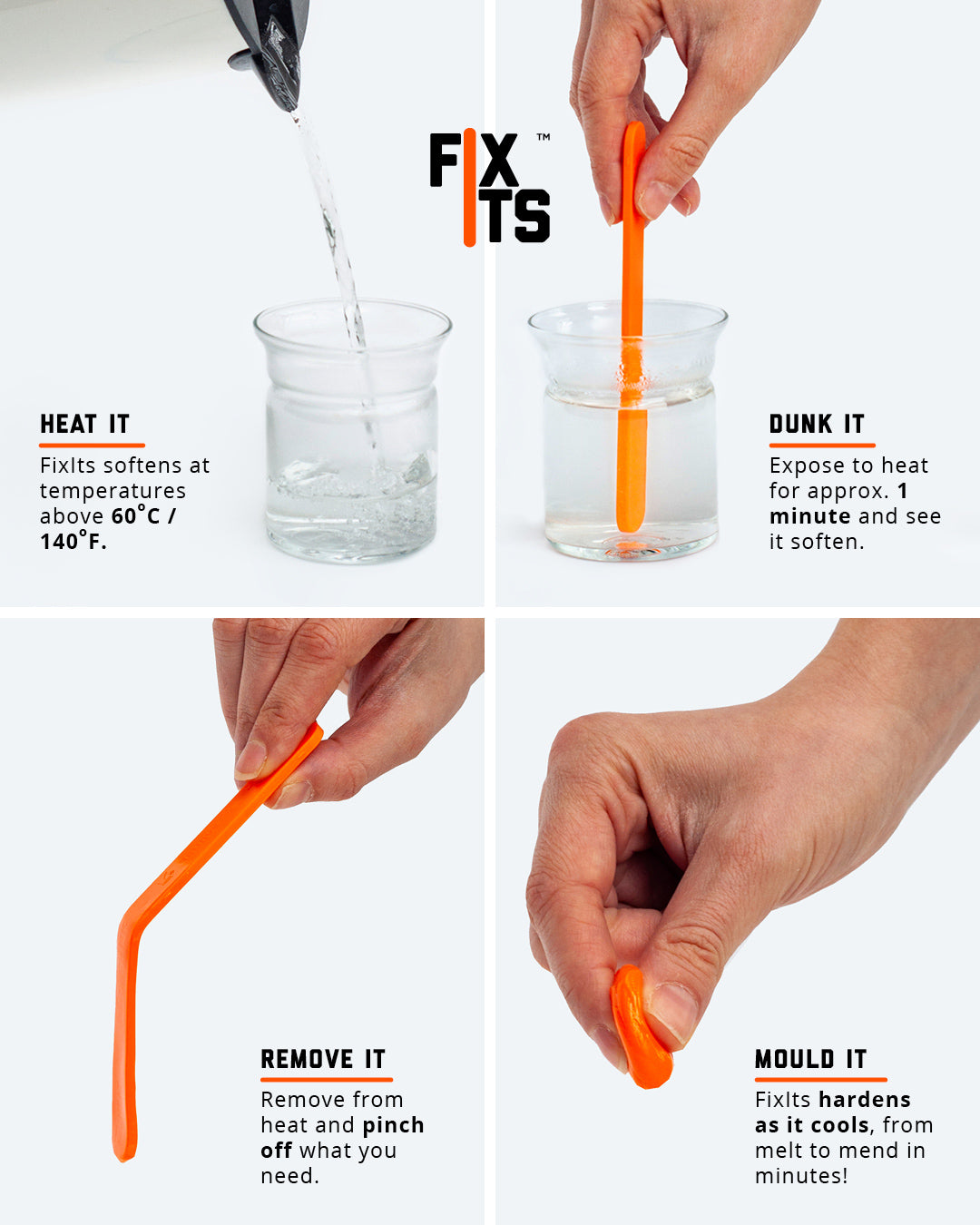 Close up of a hand holding up an info card on how to use the FixIts mouldable plastic strips