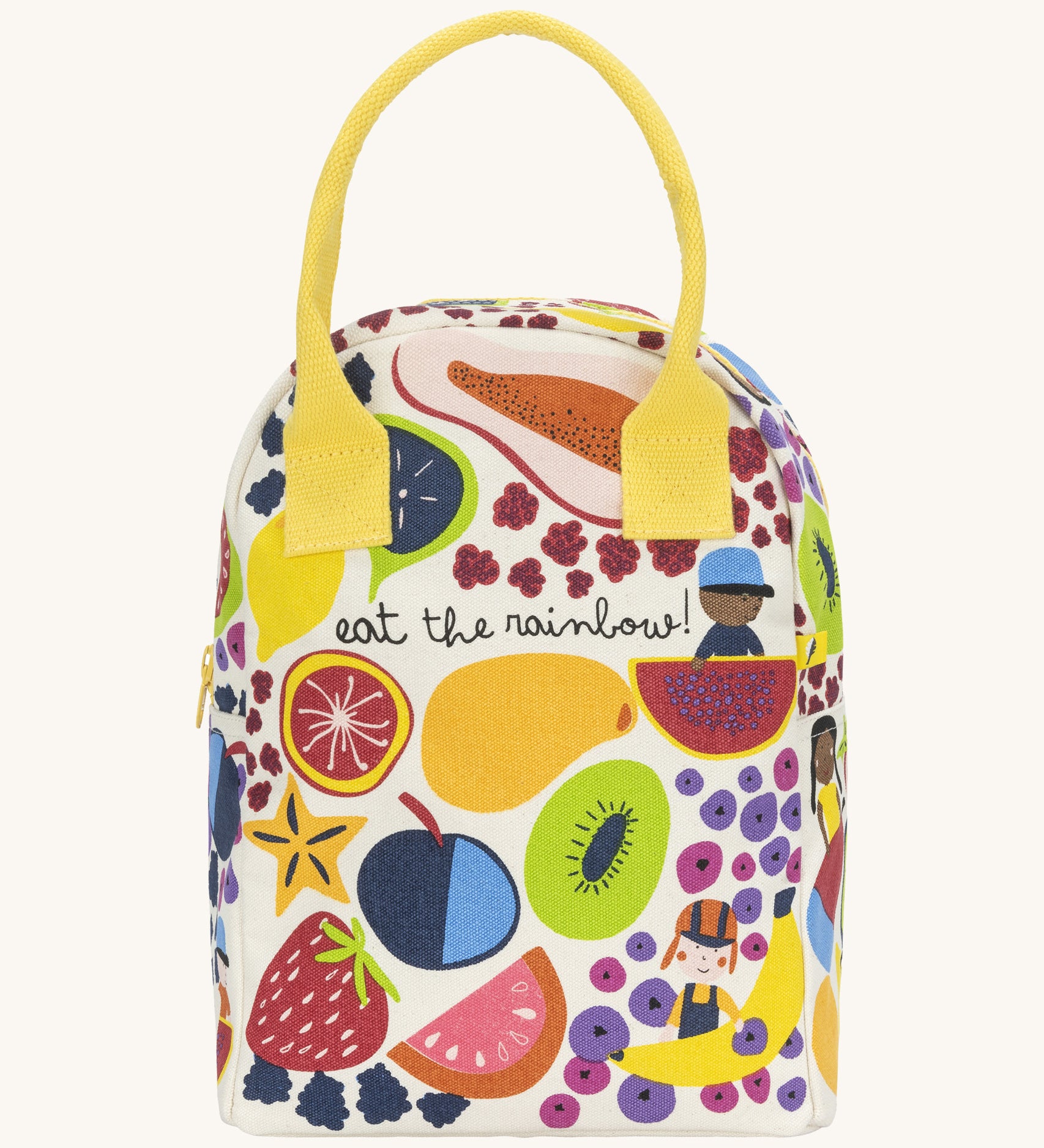 Fluf zip lunch bag in white with a design of different coloured fruits with a yellow handle and zip detail on a cream background.