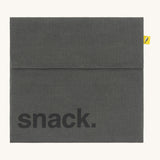 Fluf cotton snack pack with a flip velcro in dark grey colour with snack printed on the front in black 